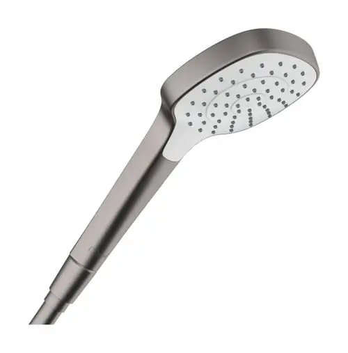 Hansgrohe Handbrause mit einem flachen, runden Kopf und mehreren Wasseröffnungen. Der Griff ist schlank und ergonomisch gestaltet.